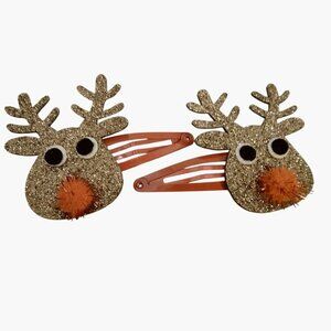 Reindeer Glitter Hair Clips Red Pom Pom Nose Glitter Antlers Girls Christmas